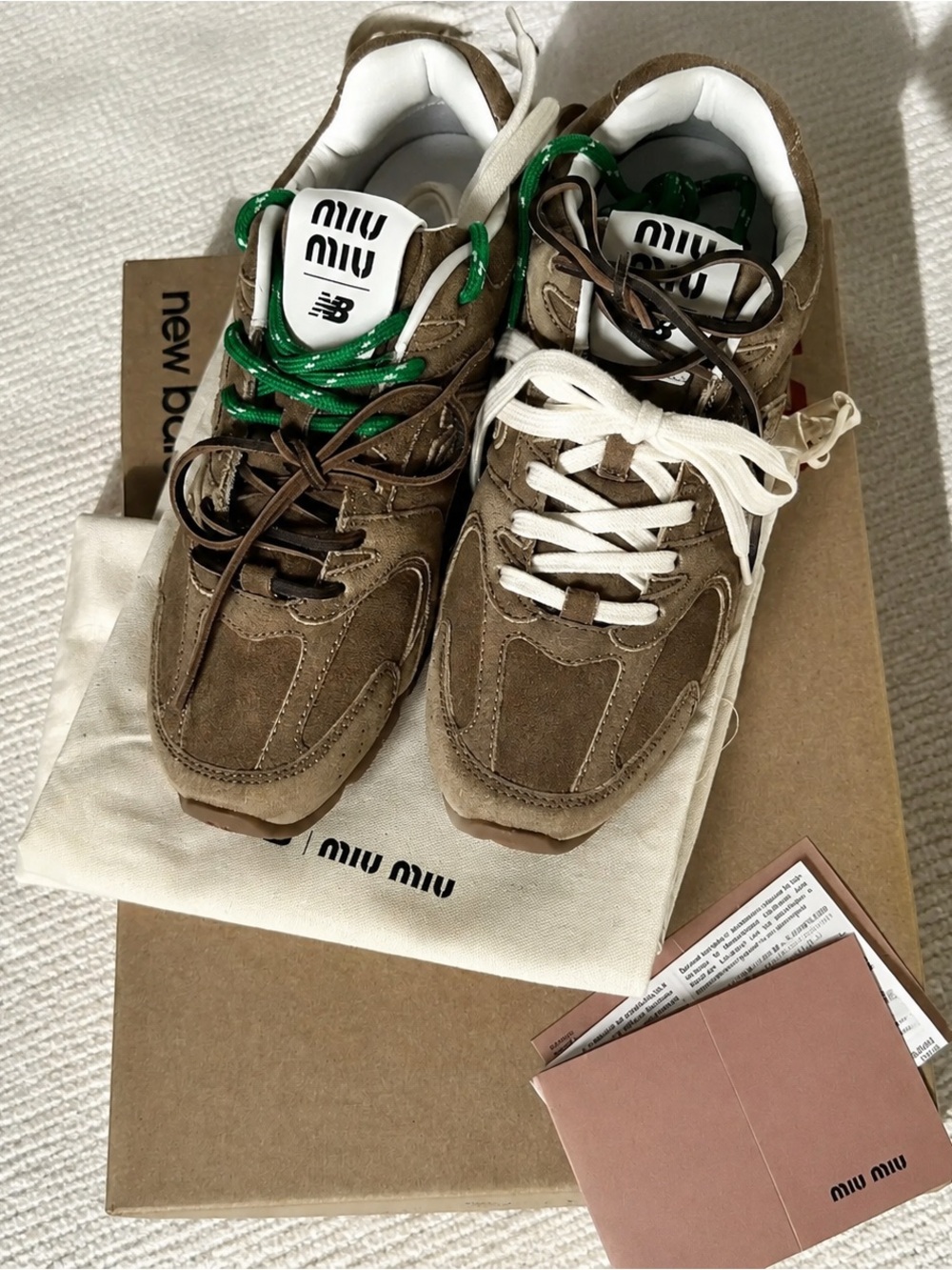 Miu Miu Men's Brown Suede Sneakers with White and Green Accents